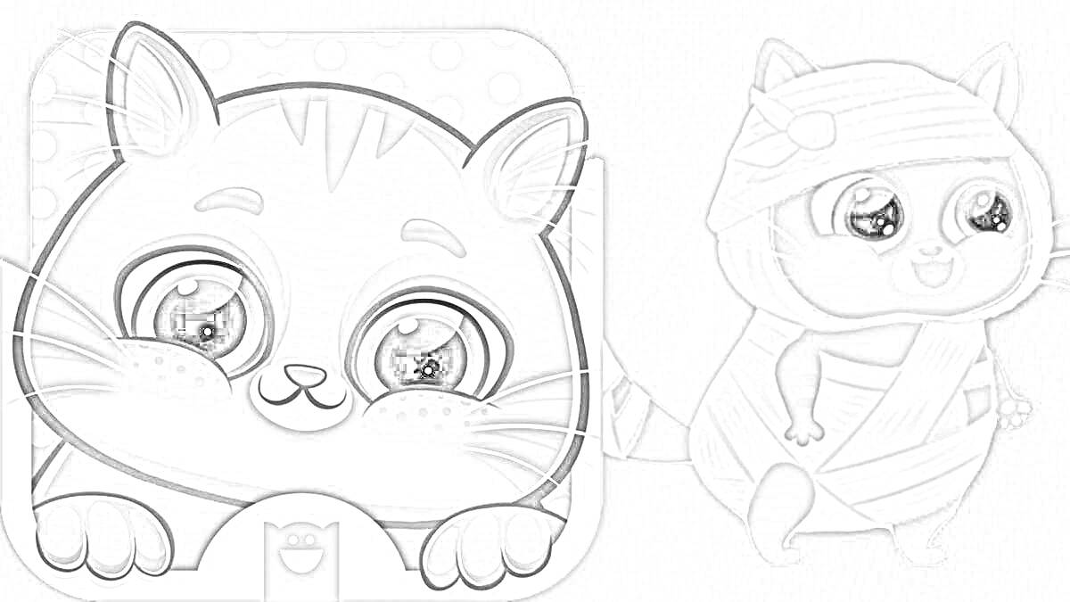 Раскраска Коты с большими глазами и забинтованный котенок