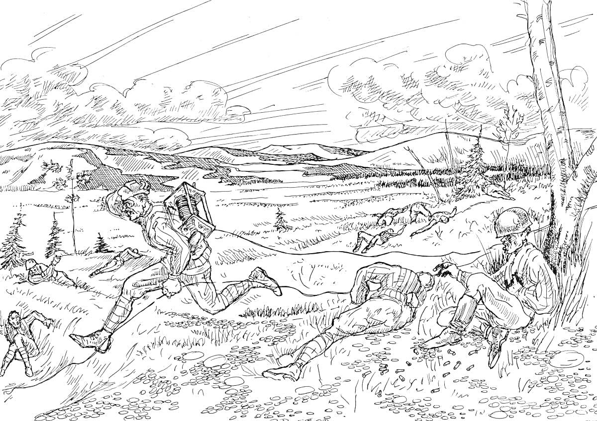 Раскраска Солдаты во время боя, раненые на поле, снаряды в воздухе