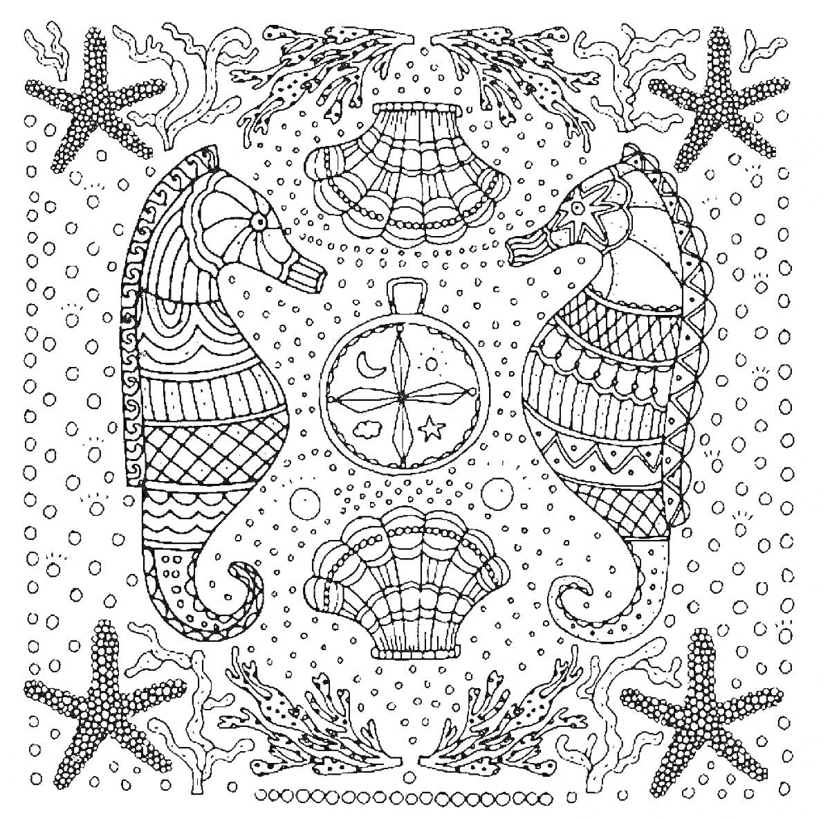 На раскраске изображено: Антистресс, Морские коньки, Звезды, Кораллы, Ракушка, Пузыри