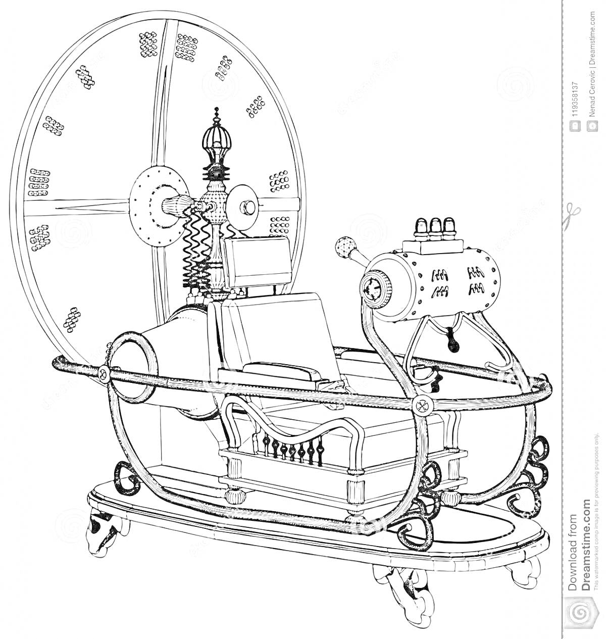 На раскраске изображено: Машина времени, Кресло, Циферблат, Рычаги
