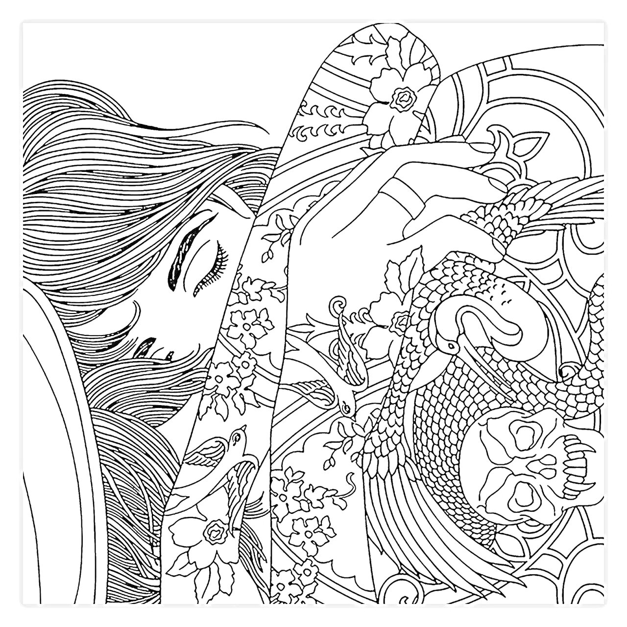 На раскраске изображено: Женщина, Закрытые глаза, Рыба, Череп, Цветы, Узоры