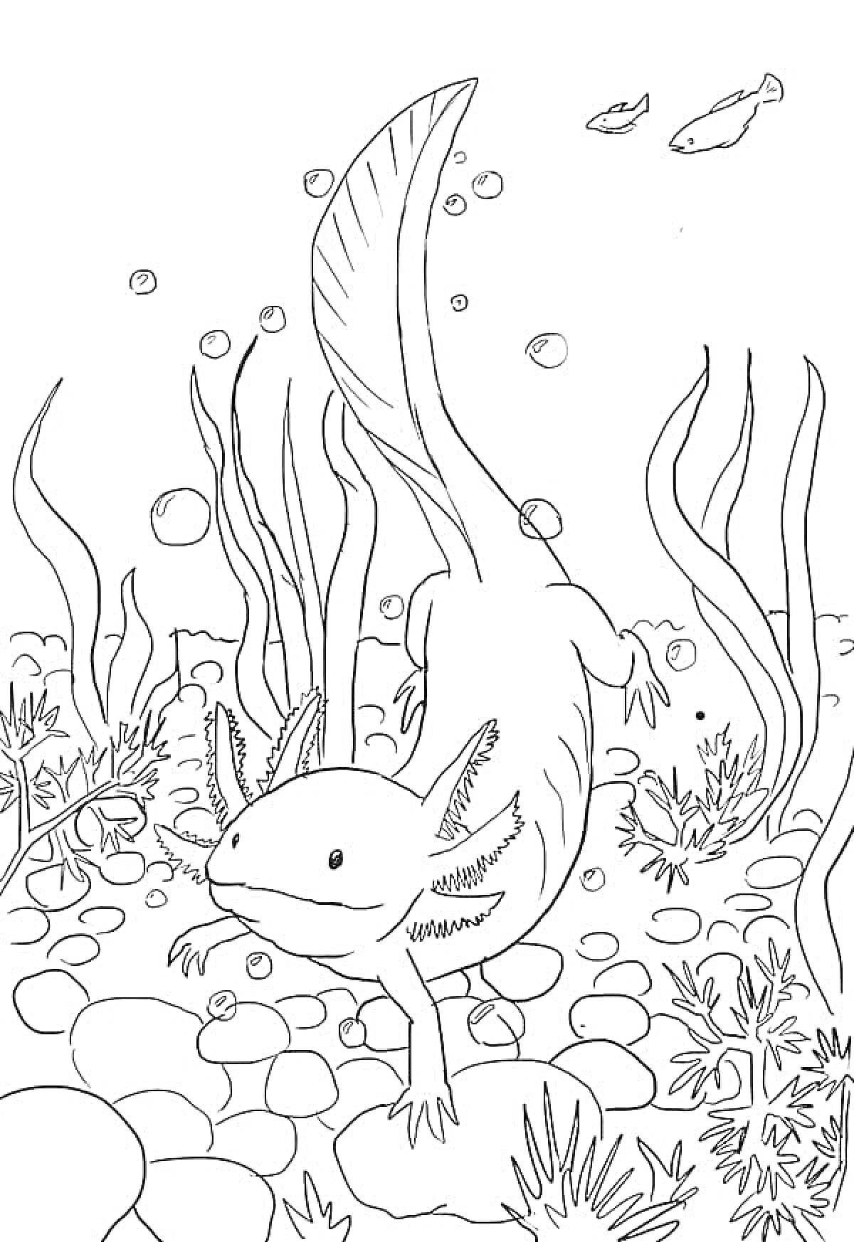На раскраске изображено: Аксолотль, Подводный мир, Растения, Камни, Водоросли, Животные