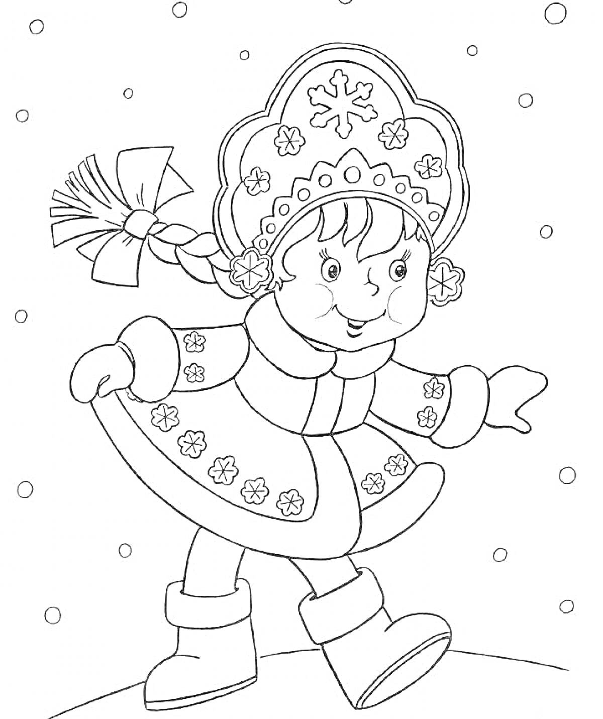 Раскраска Снегурочка в шубке со снежинками и кокошнике, гуляющая на снегу