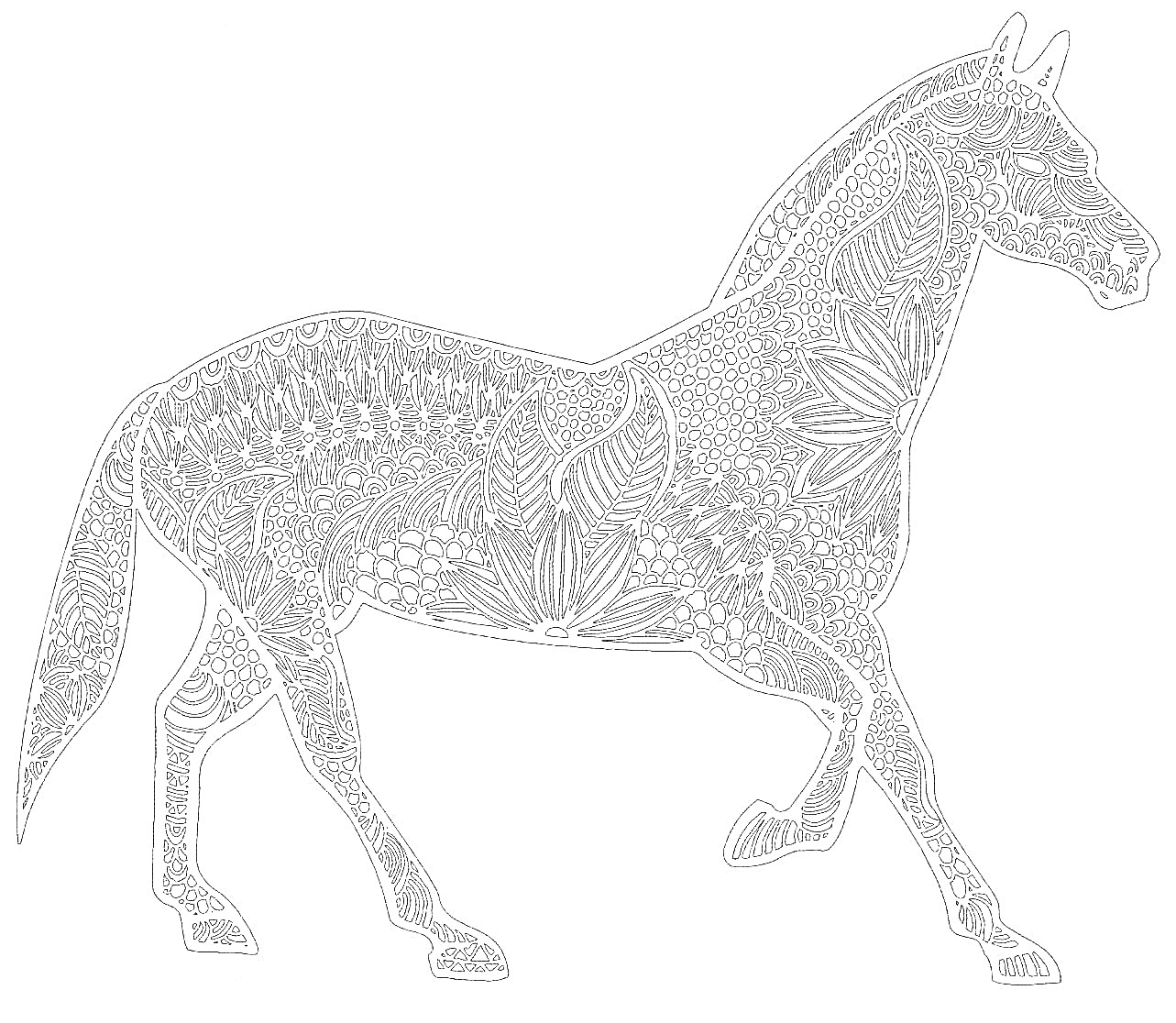 Антистресс раскраска с лошадью, покрытая сложным растительным орнаментом
