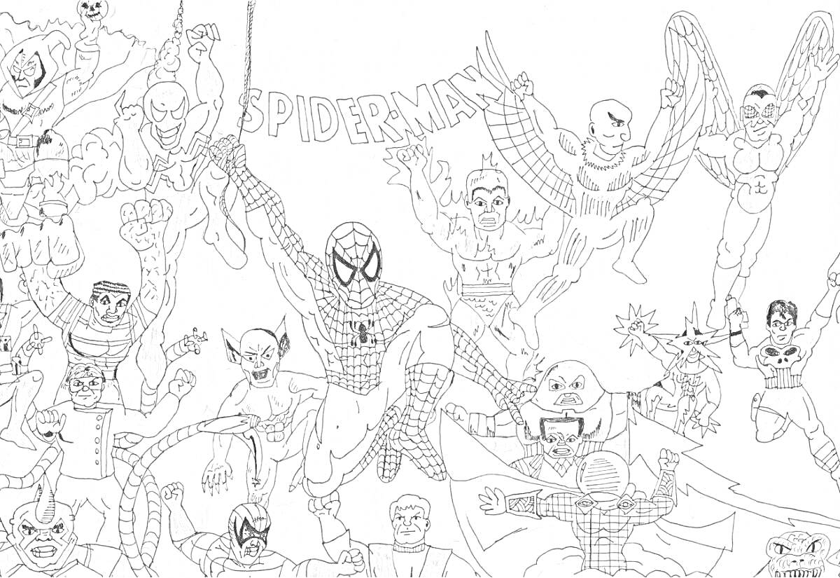 Раскраска Супергерои и злодеи из вселенной Человека-Паука, включая Человека-Паука, Доктора Осьминога, Зеленого Гоблина, Песочного Человека, Ящера, Электро, и других