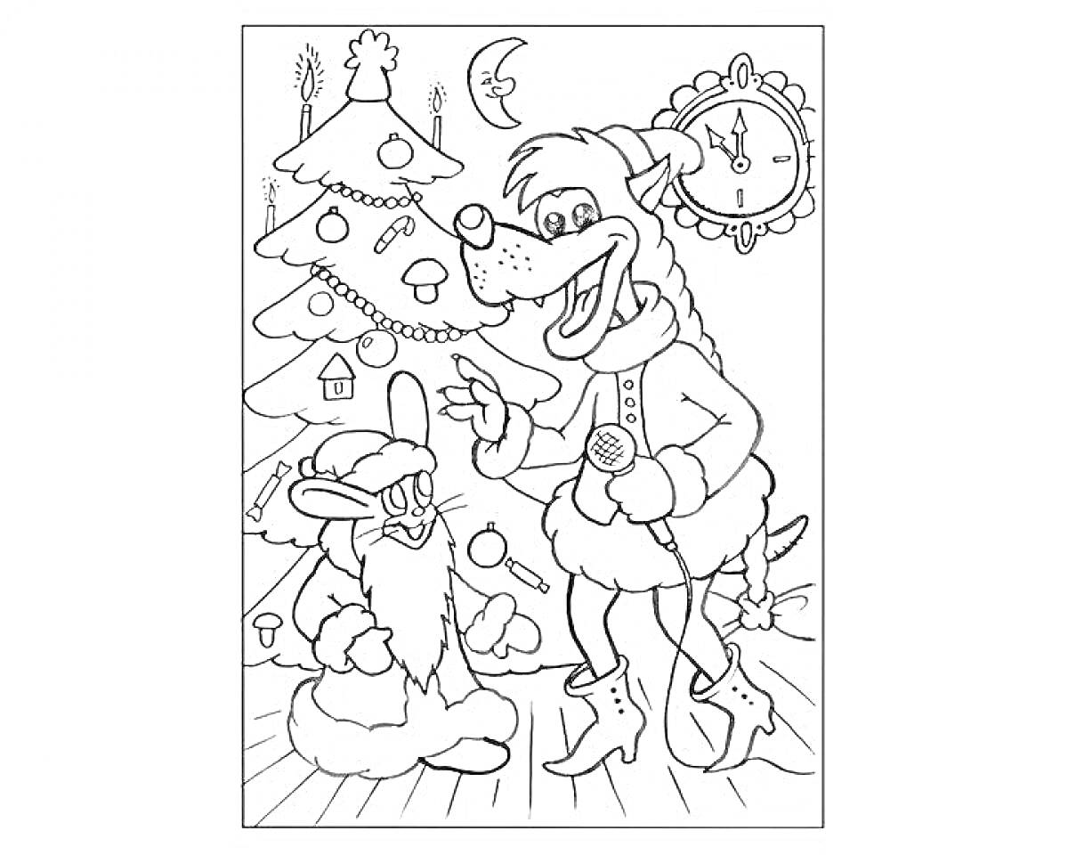 На раскраске изображено: Новый год, Простоквашино, Дед Мороз, Часы, Месяц, Праздничное настроение