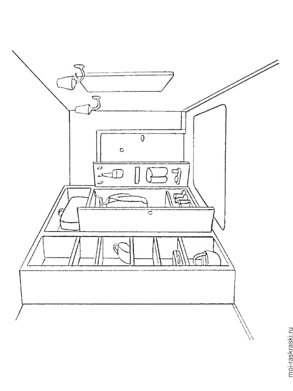 На раскраске изображено: Освещение, Кухня, Столовые приборы, Кухонные принадлежности, Ящики