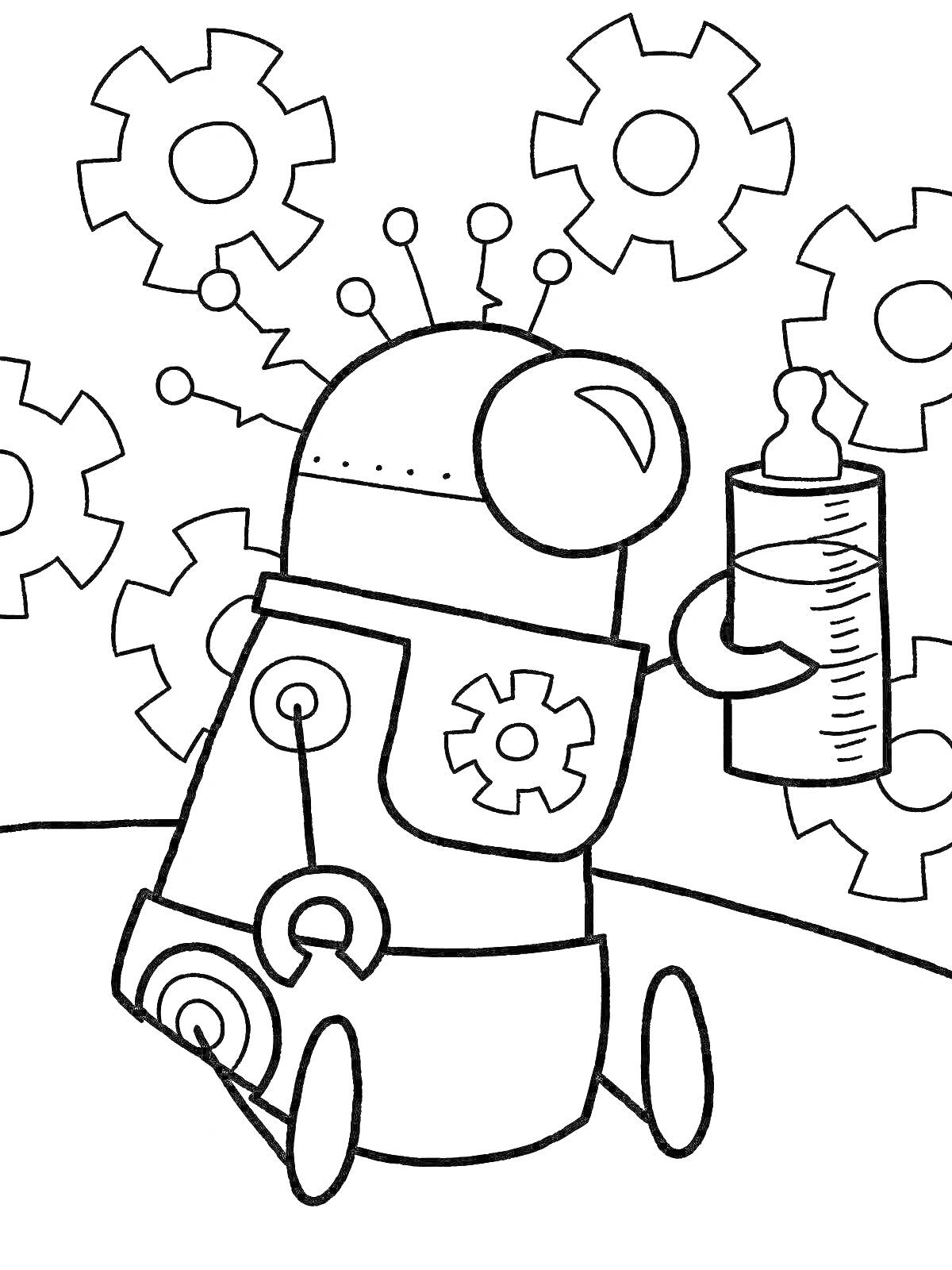 На раскраске изображено: Робот, Бутылка, Шестерни, Колёса, Техника, Механизмы
