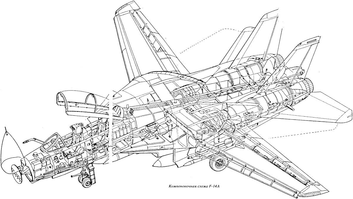 Чертеж истребителя МиГ-29 с открытым видом внутренней конструкции и кабины пилота