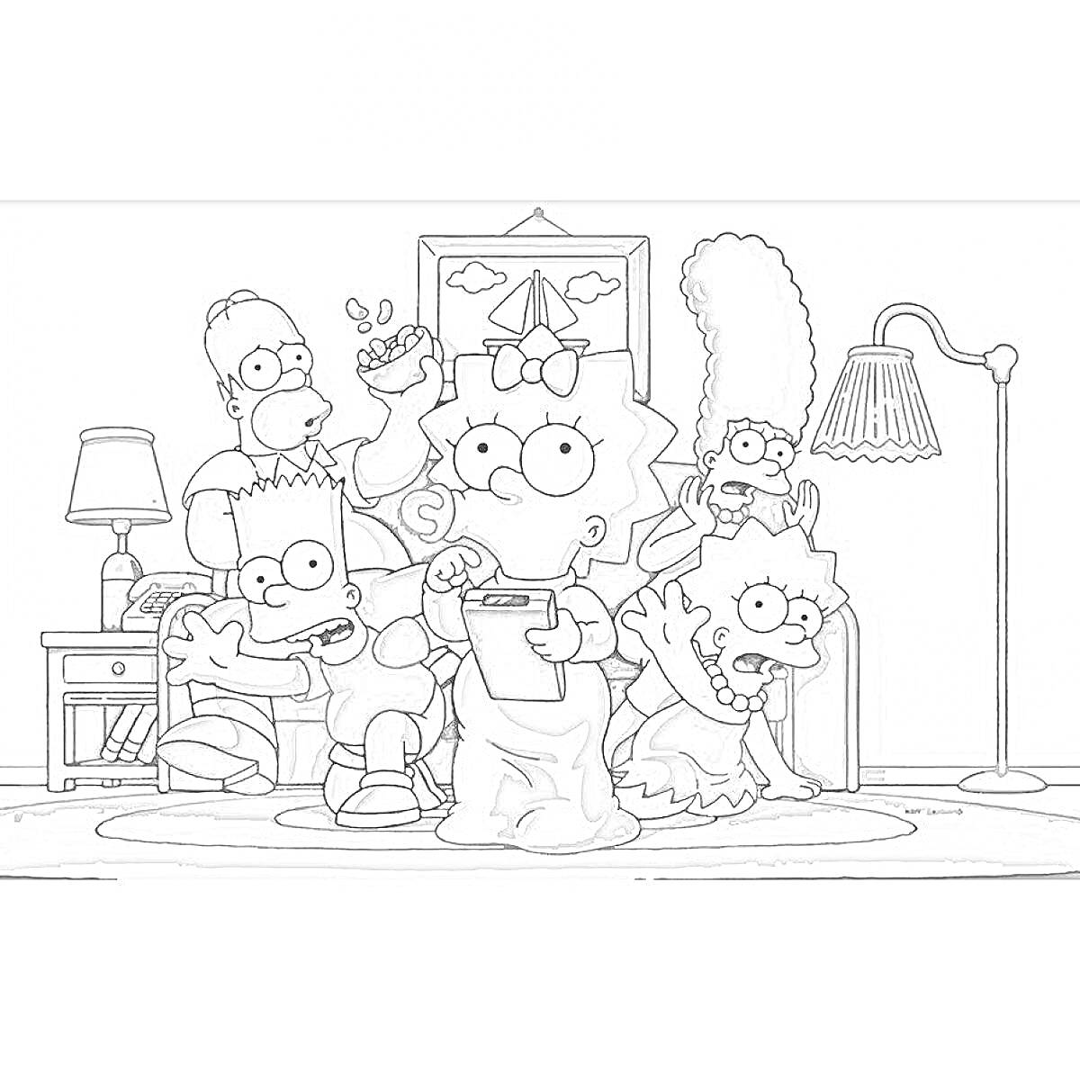 На раскраске изображено: Симпсоны, Семья, Гостиная, Родители, Лампа, Пейзаж, Собака