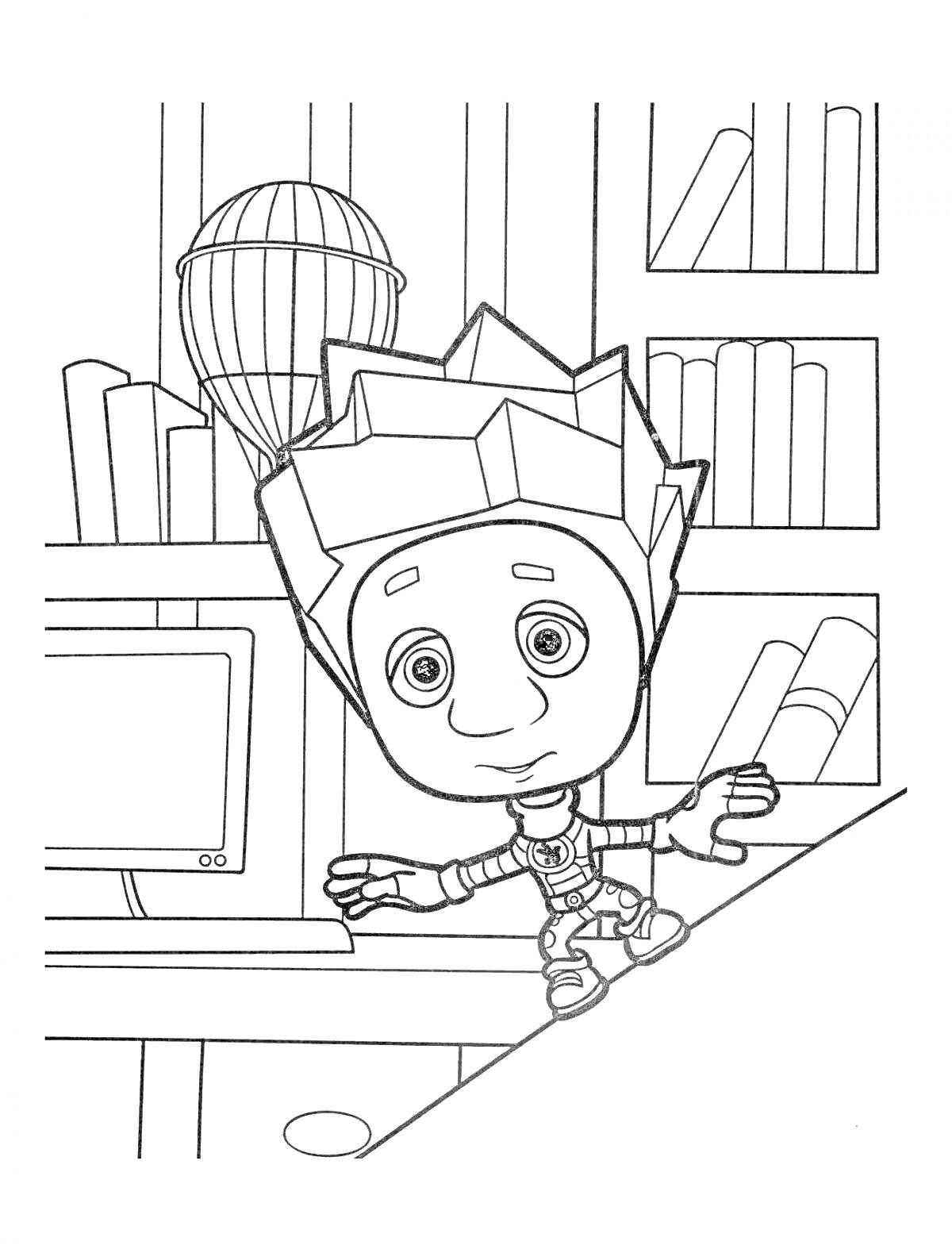 На раскраске изображено: Фиксики, Мальчик, Компьютер, Библиотека, Полки, Книга, Воздушные шары