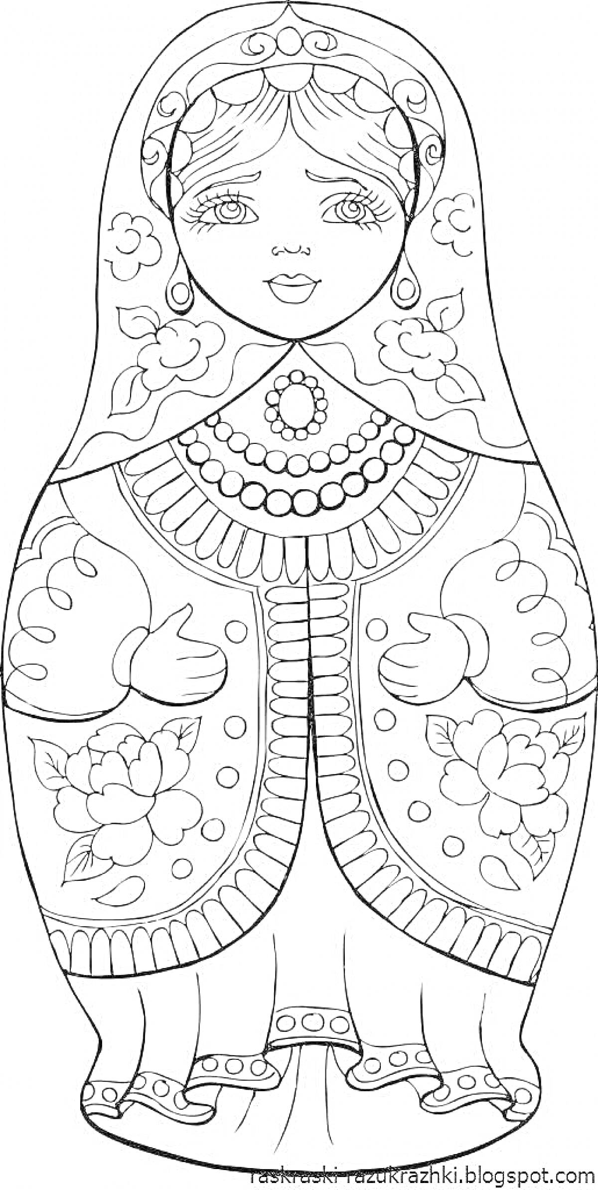 Раскраска Раскраска русская матрешка с украшениями и цветами