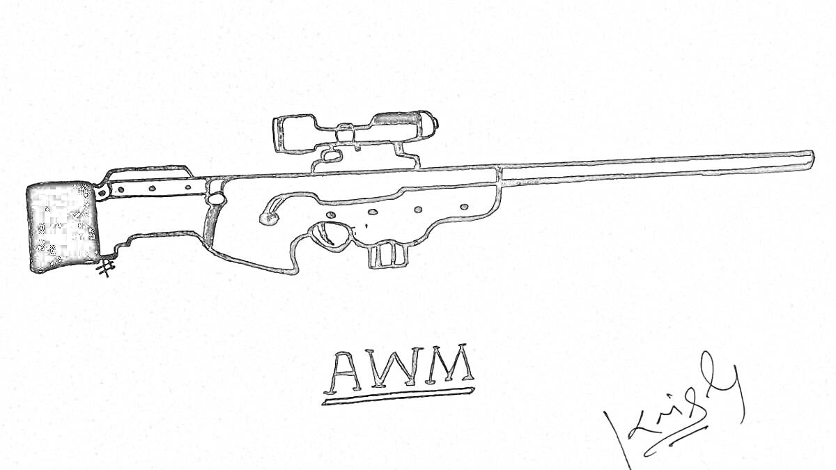 На раскраске изображено: AWM, Standoff 2, Снайперская винтовка, Оптический прицел, Подпись, Оружие