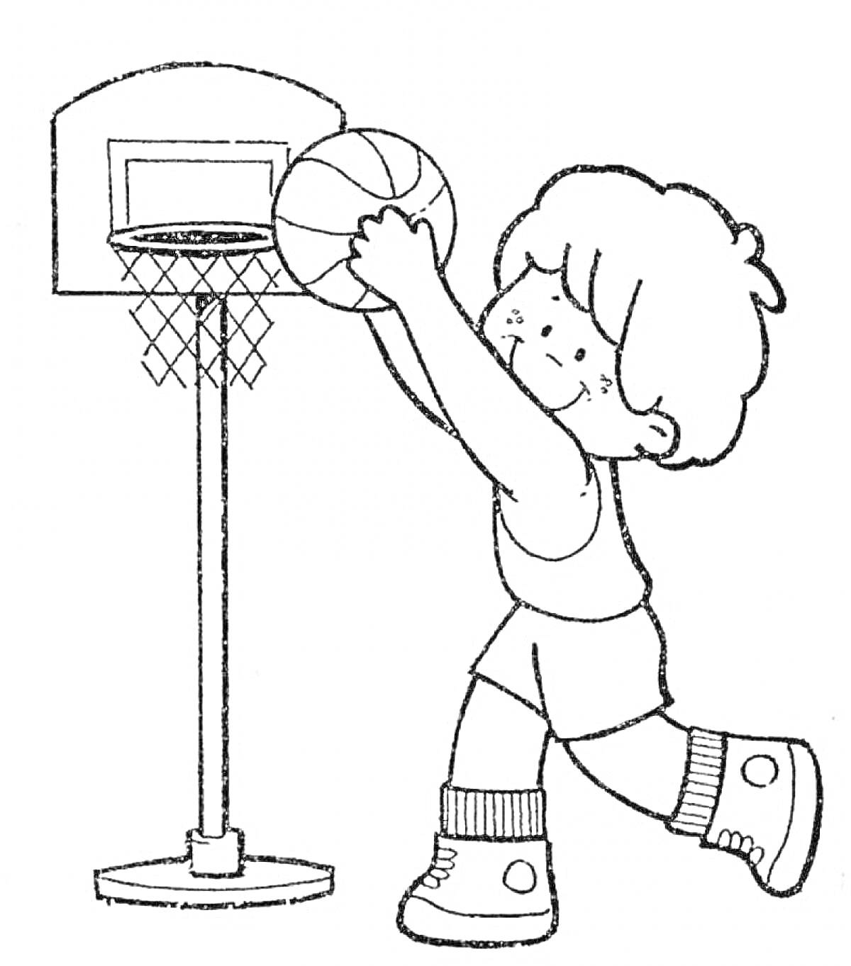 На раскраске изображено: Баскетбол, Ребенок, Спорт, Физкультура, Мальчик, Корзина, Кроссовки, Игра, Упражнения