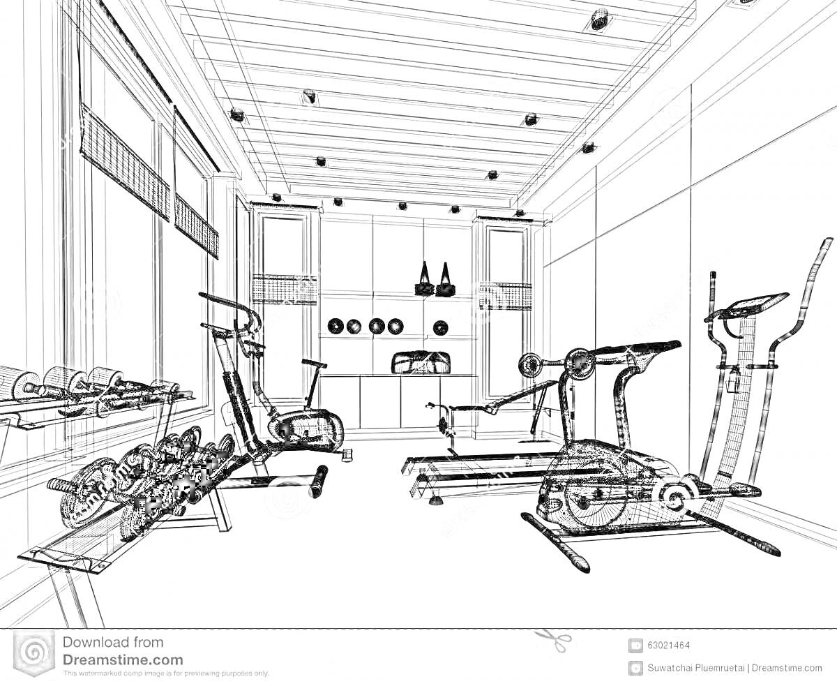 Раскраска Тренажерный зал с тренажерами, гантелями и спортинвентарем.