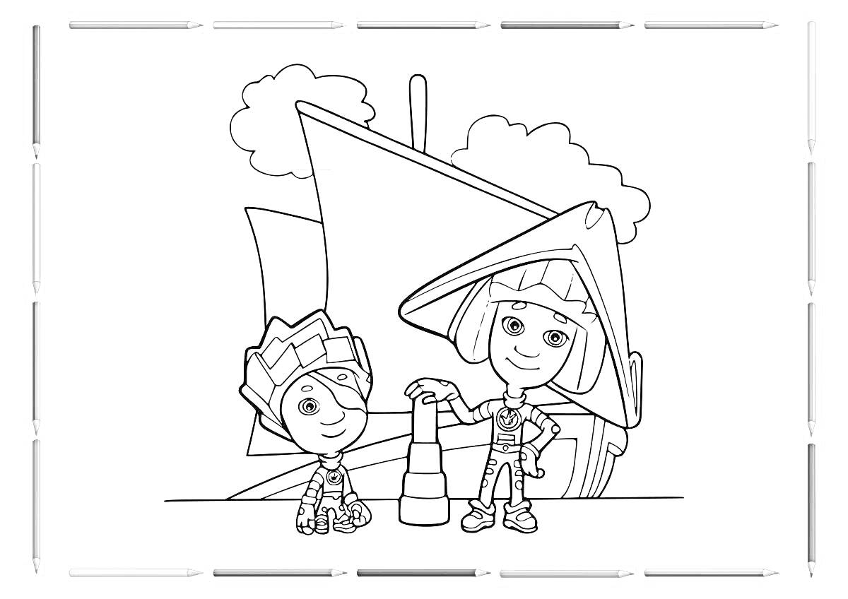 На раскраске изображено: Фиксики, Пиратский корабль, Маяк, Для детей, Контурное изображение, Море, Приключения