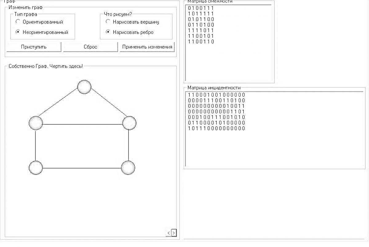Раскраска Окно программы с графом и матрицей смежности
