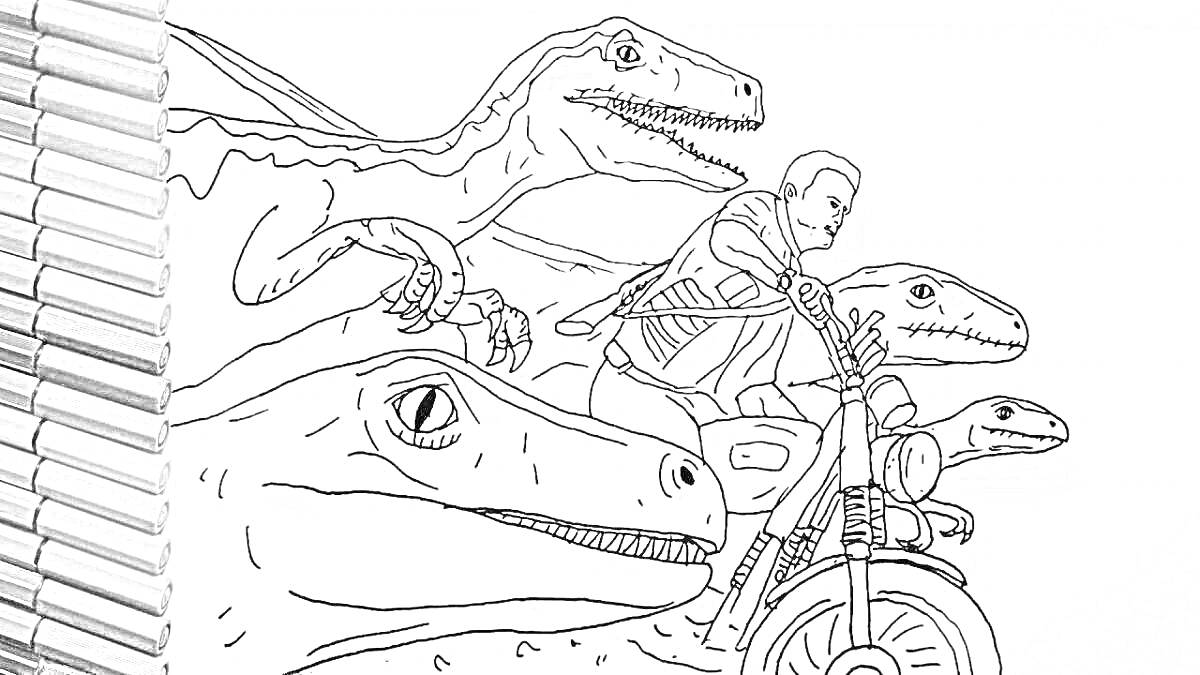 На раскраске изображено: Динозавр, Мотоцикл, Человек