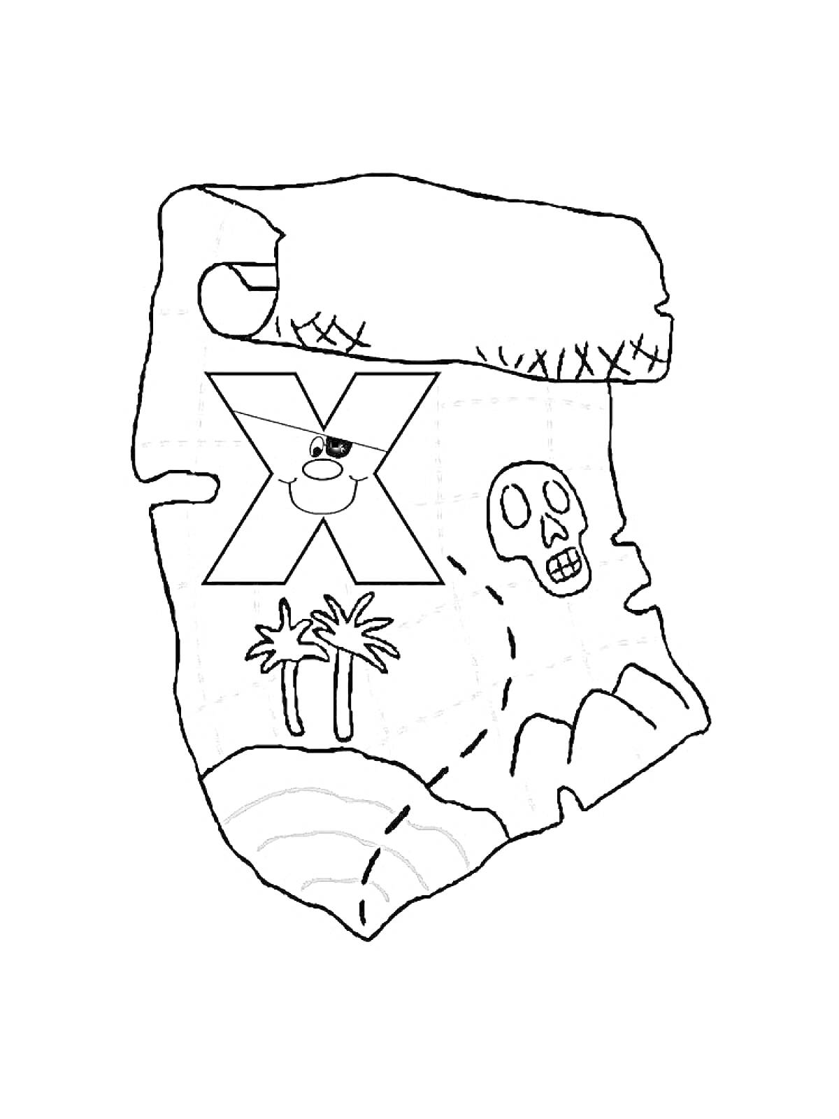 Раскраска Карта сокровищ с черепом, пальмами, горой и отметкой 
