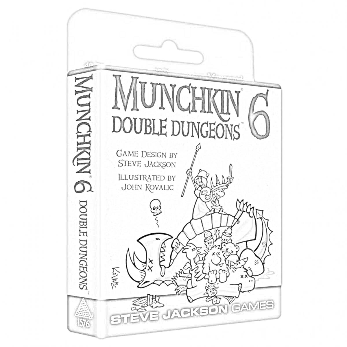 Раскраска Munchkin 6 Double Dungeons. На изображении присутствует отважный герой с мечом и шлемом, монстр с панцирем и клешнями, название игры, указание на разработчика и иллюстратора, а также логотип Steve Jackson Games.