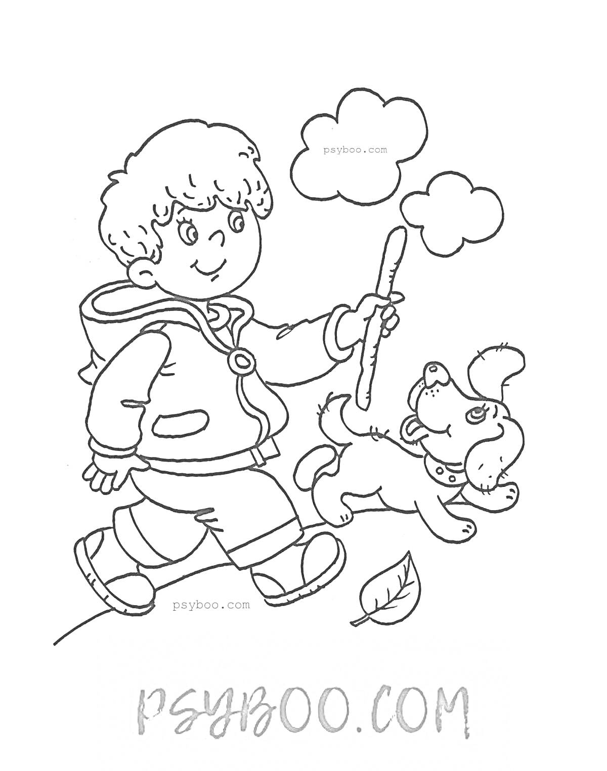 На раскраске изображено: Мальчик, Прогулка, Осень, Облака