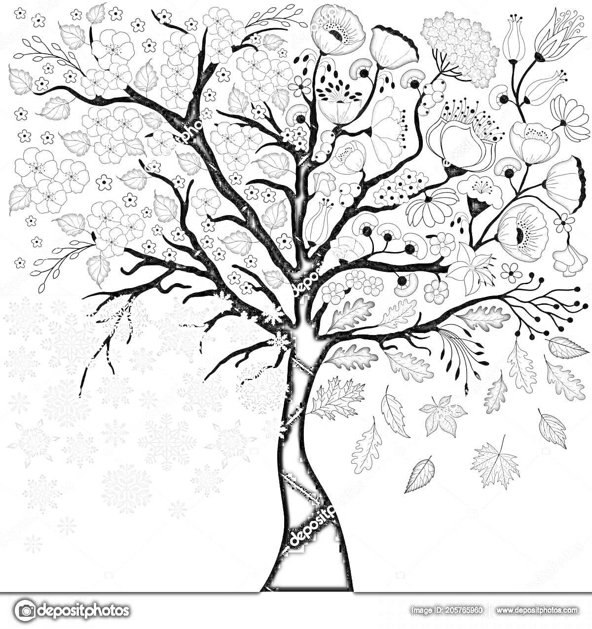 Раскраска Дерево с цветами, листьями и снежинками, изображающее времена года