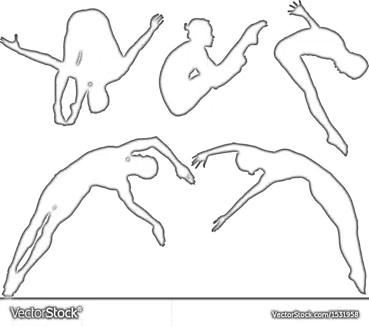 На раскраске изображено: Акробатика, Гимнастика, Спорт, Движение, Человек, Фигуры, Прыжки, Силуэты, Физкультура