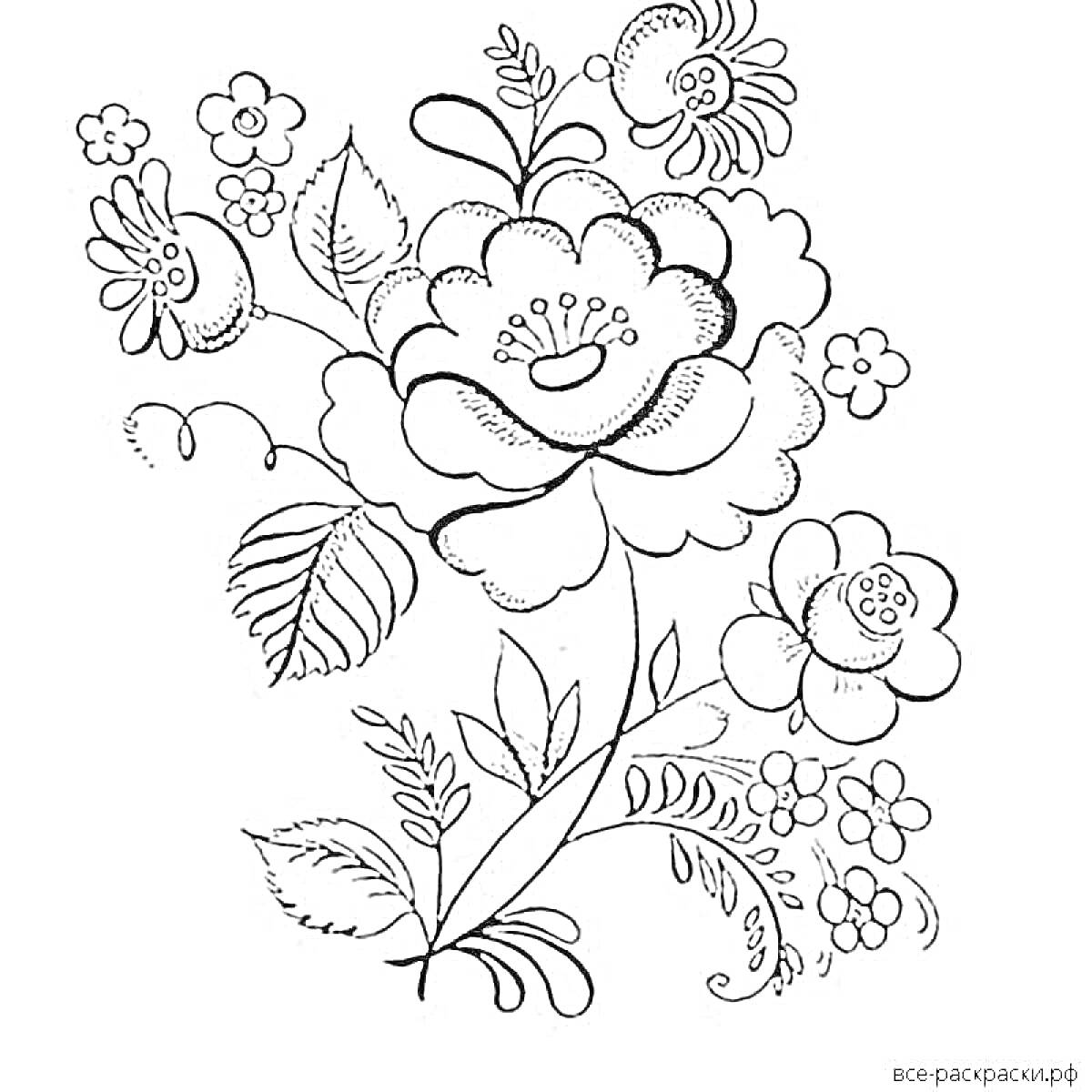 На раскраске изображено: Гжель, Цветочный узор, Крупные цветы, Листья, Народное искусство, Роспись