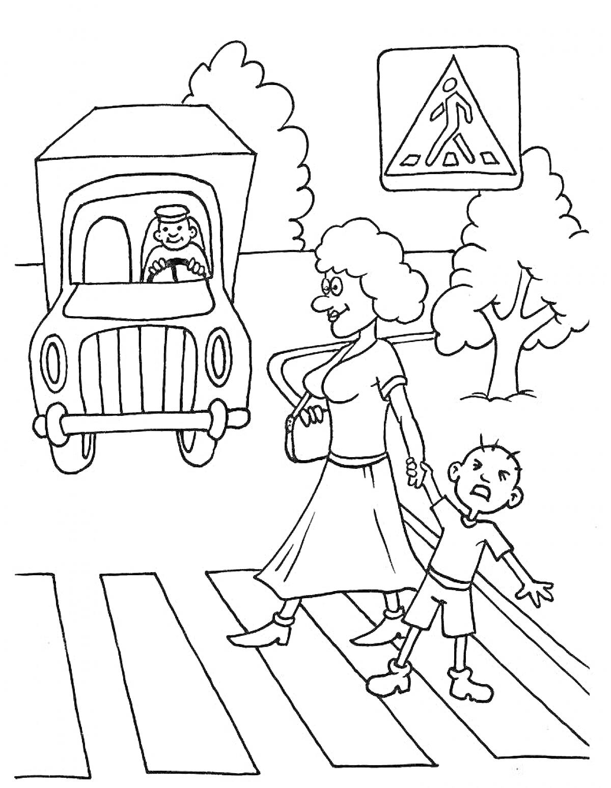 На раскраске изображено: Водитель, Пешеходный переход, Женщина, Ребенок, Деревья, Безопасность, Транспорт