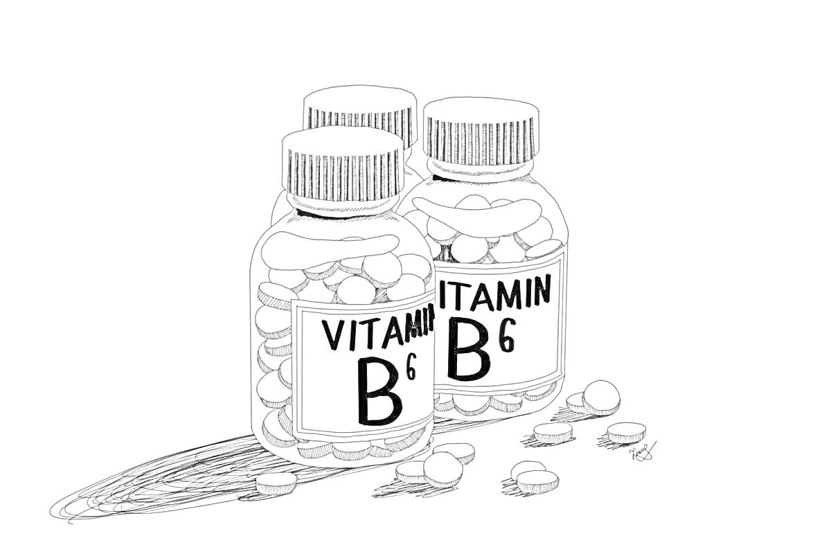 Раскраска Три бутылочки с таблетками витамина B6 и рассыпанные таблетки