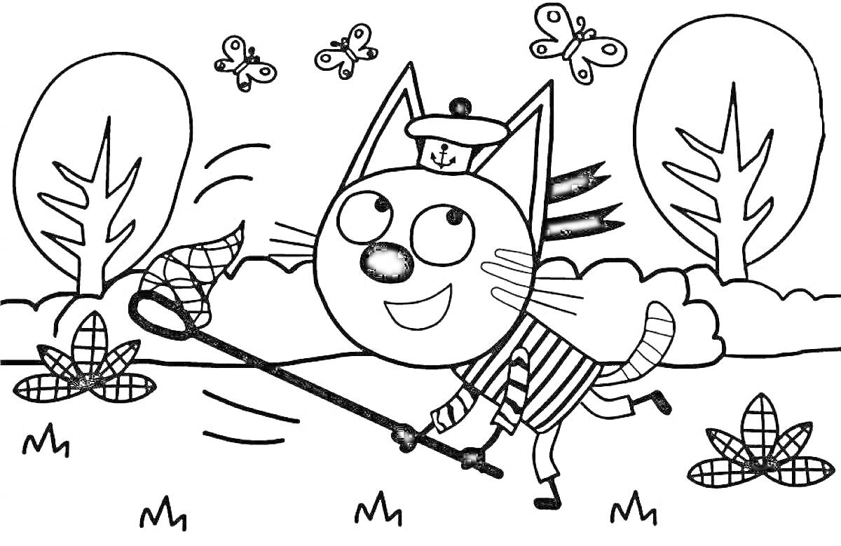 Раскраска Кот ловит бабочек в лесу (кот в беретке и шарфе с сеткой для ловли бабочек, деревья, кусты, цветы, бабочки)