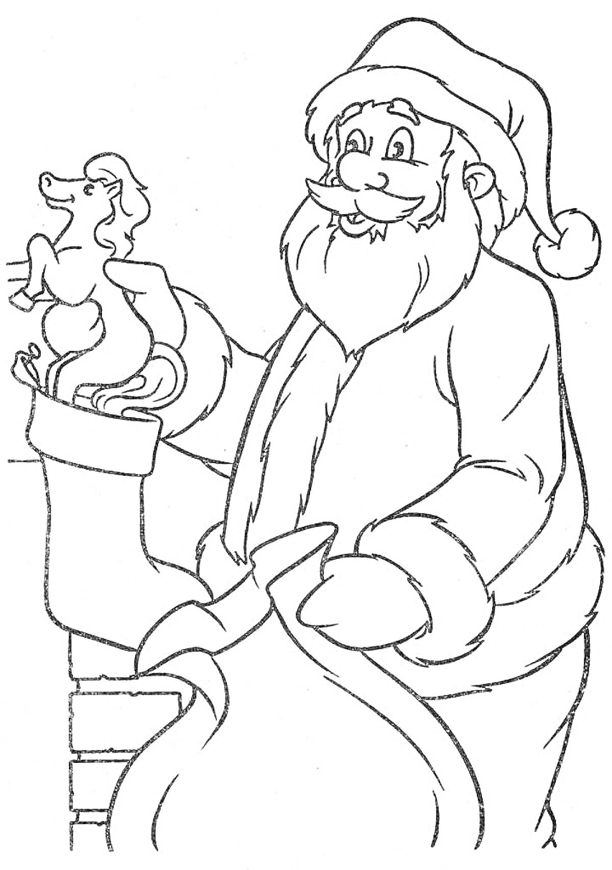 Раскраска Дед Мороз с мешком подарков и ёлочкой в руке, улыбающийся возле дымохода
