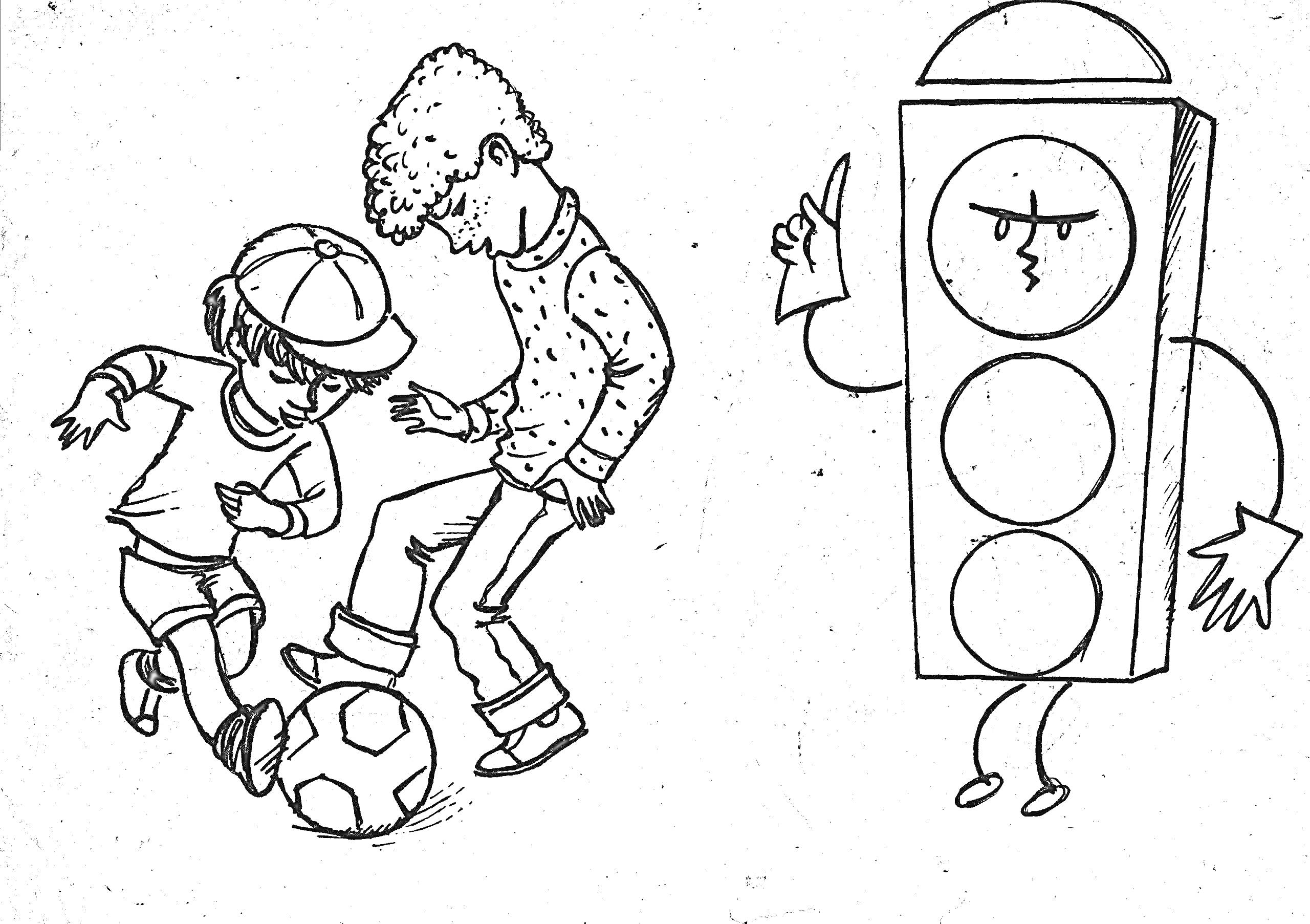 Раскраска Дети играют в футбол рядом с ожившим светофором