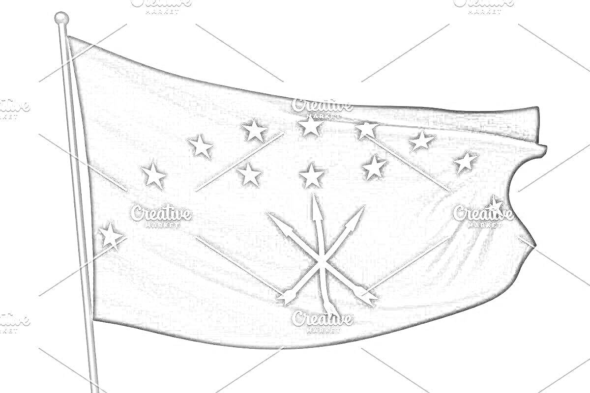 Раскраска Флаг Республики Адыгея с двенадцатью звездами, тремя стрелами в перекрестии и древком