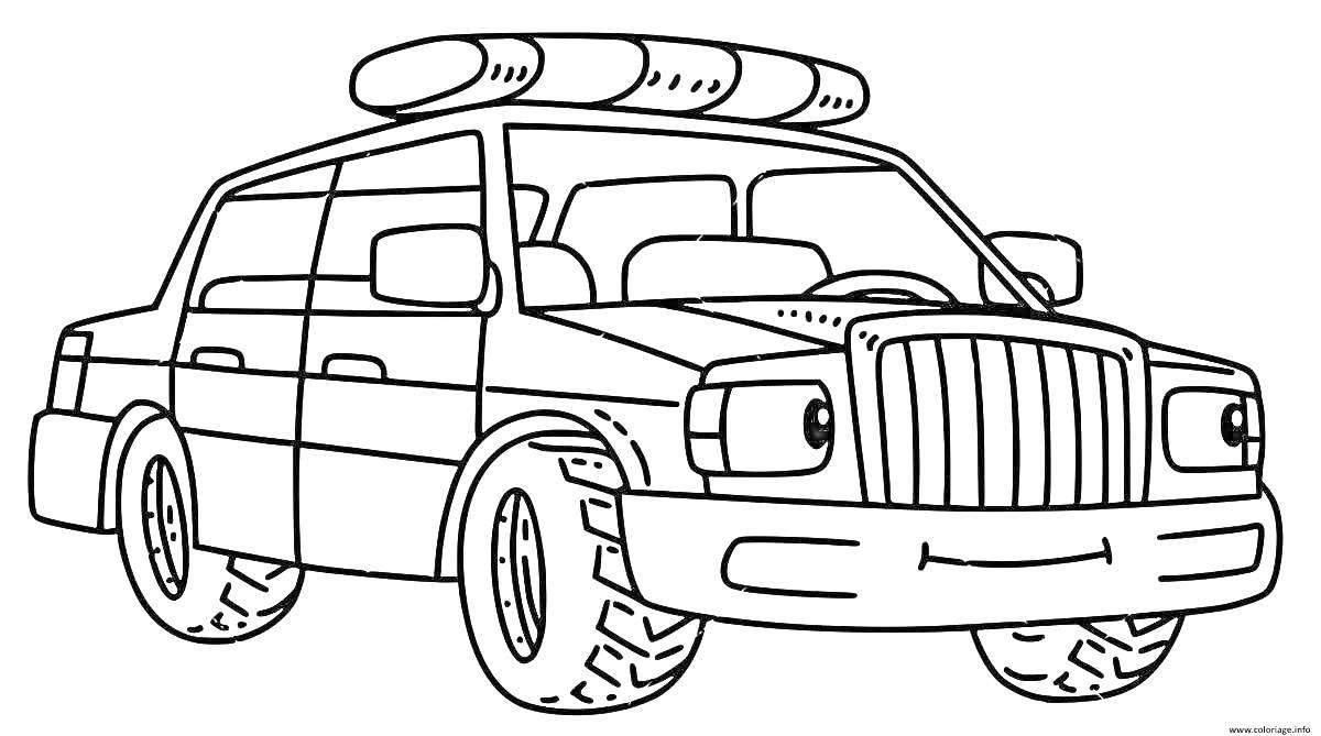 На раскраске изображено: Мигалки, Большие шины, Транспорт, Полиция