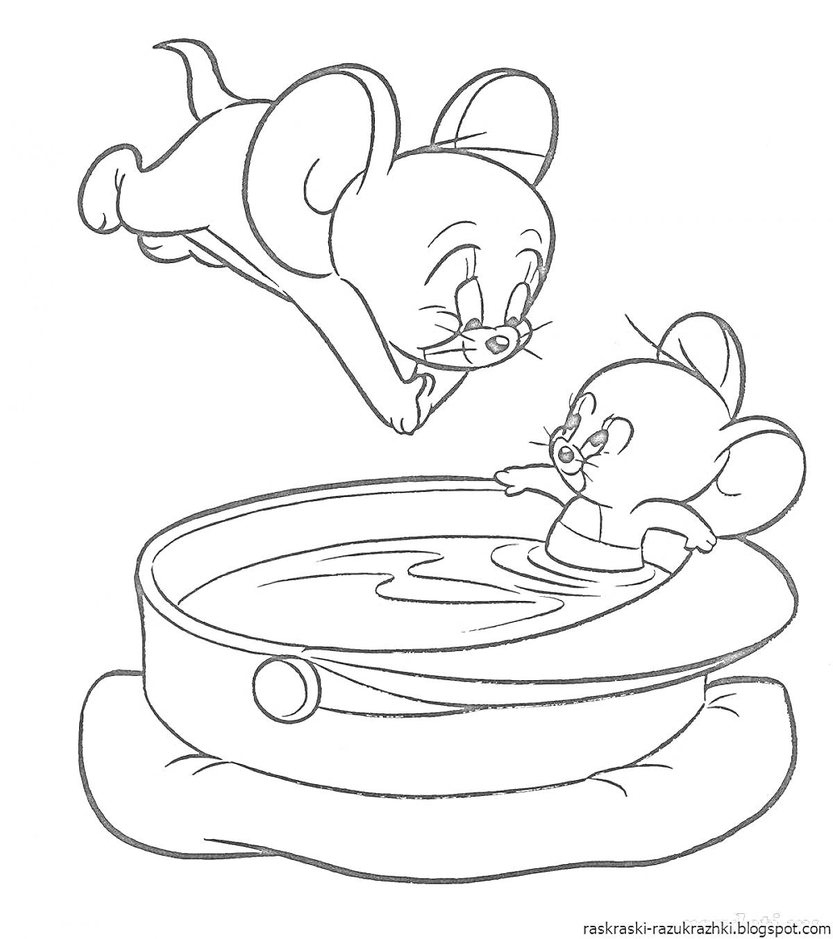 На раскраске изображено: Ванна, Плавание, Из мультфильмов, Веселье, Для детей, Мышь, Прыжки