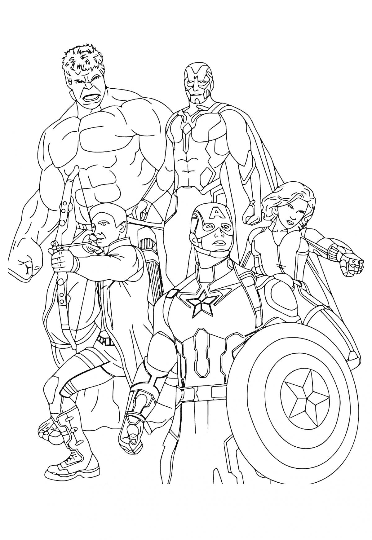 На раскраске изображено: Мстители, Супергерои, Лучник, Капитан, Щит, Женщина, Плащ, Комиксы