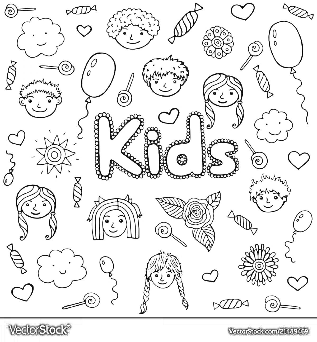 На раскраске изображено: Конфеты, Леденцы, Воздушные шары, Облака, Сердца, Инди кид
