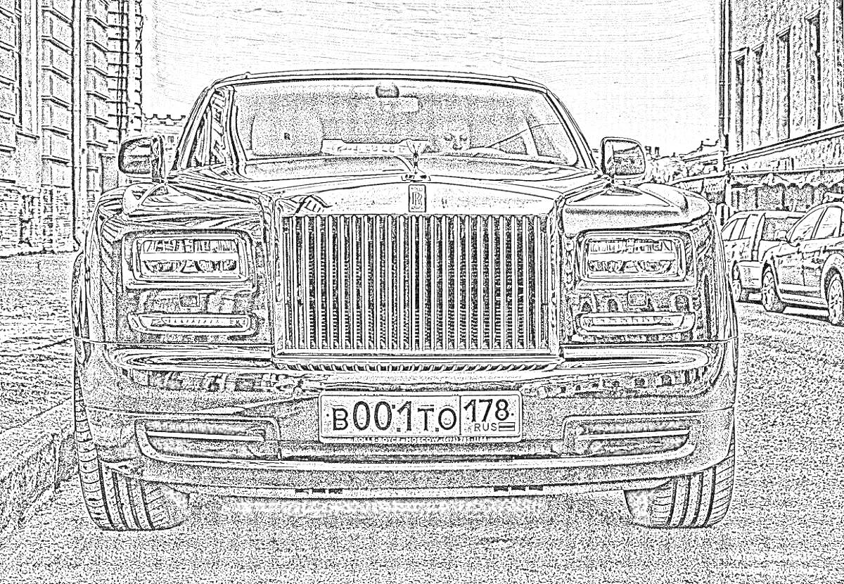 Раскраска Чёрно-белая раскраска автомобиля Rolls Royce на улице с номерным знаком B001TO178