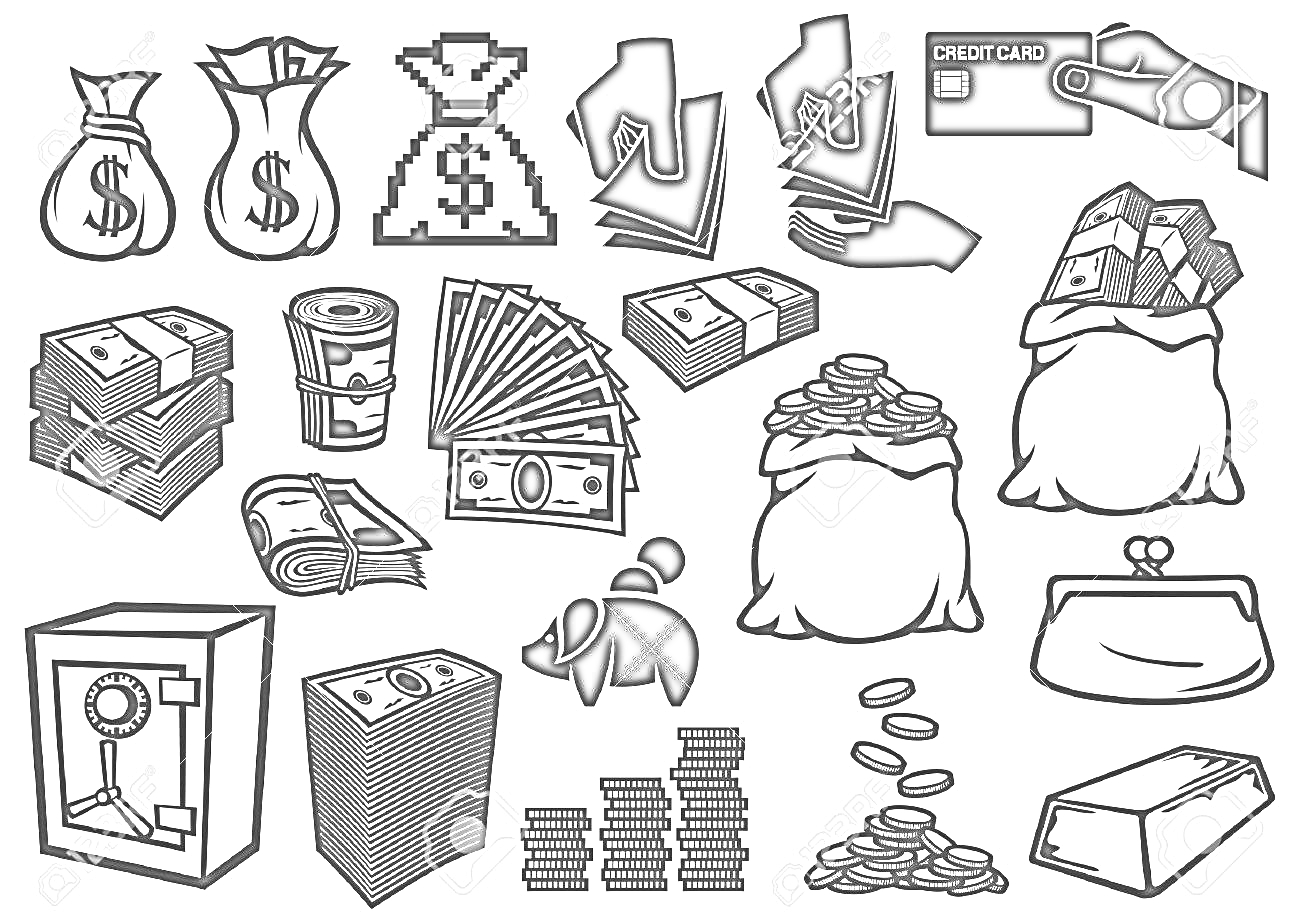 Мешки с деньгами, кошельки, банкноты, монеты, кредитная карта, сейф