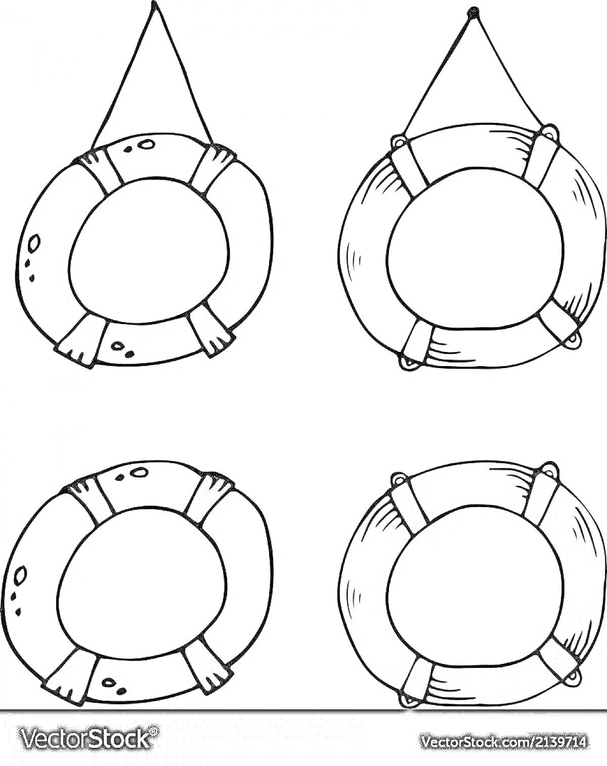 Раскраска Четыре спасательных круга с ремнями, два из которых на веревке, черно-белая раскраска