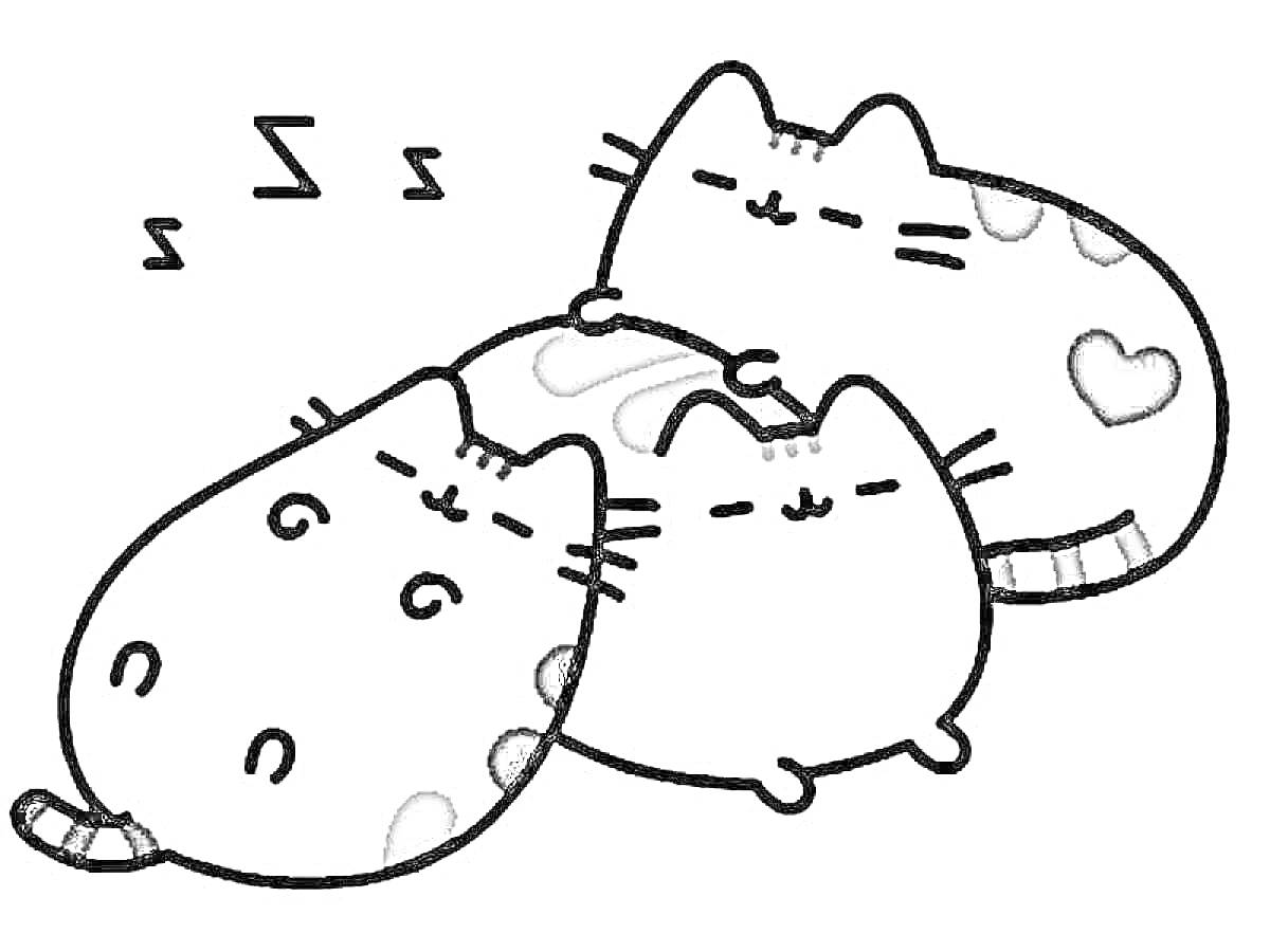 Раскраска Три спящих кота Пушина, разного окраса, с небольшими зигзагами, обозначающими спящий, закрученные в круг.