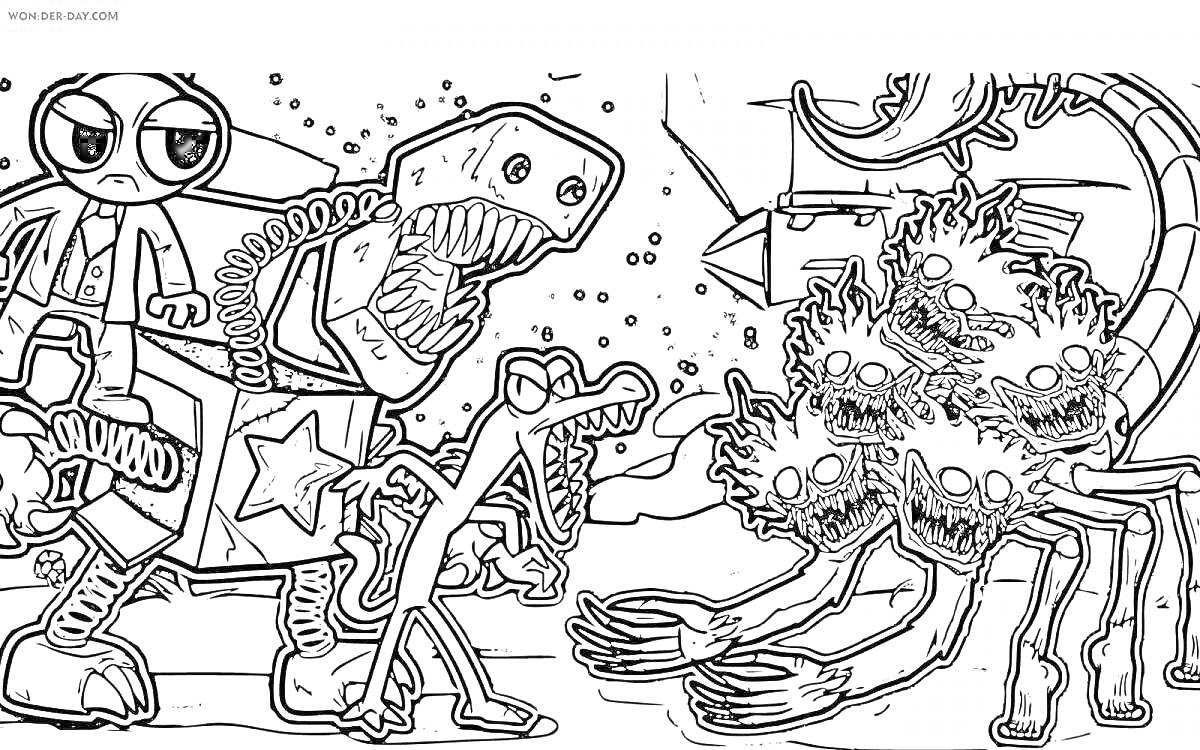 Раскраска Раскраска с Boxy Boo, динозавром и многоголовым существом в стиле Poppy Playtime