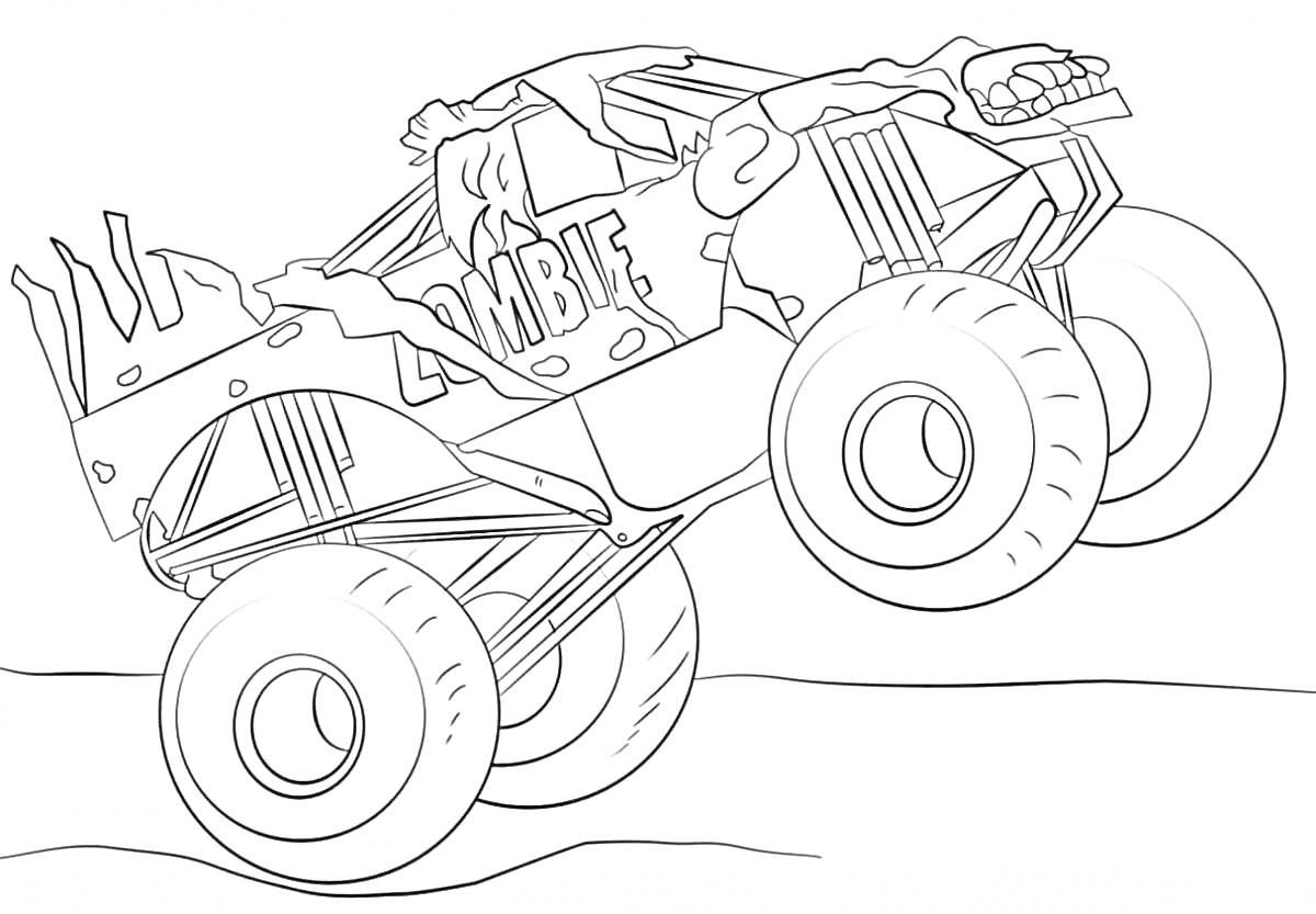 Раскраска Монстер трак с элементами зомби тематики, с большими колёсами, приподнятой передней частью и надписью 
