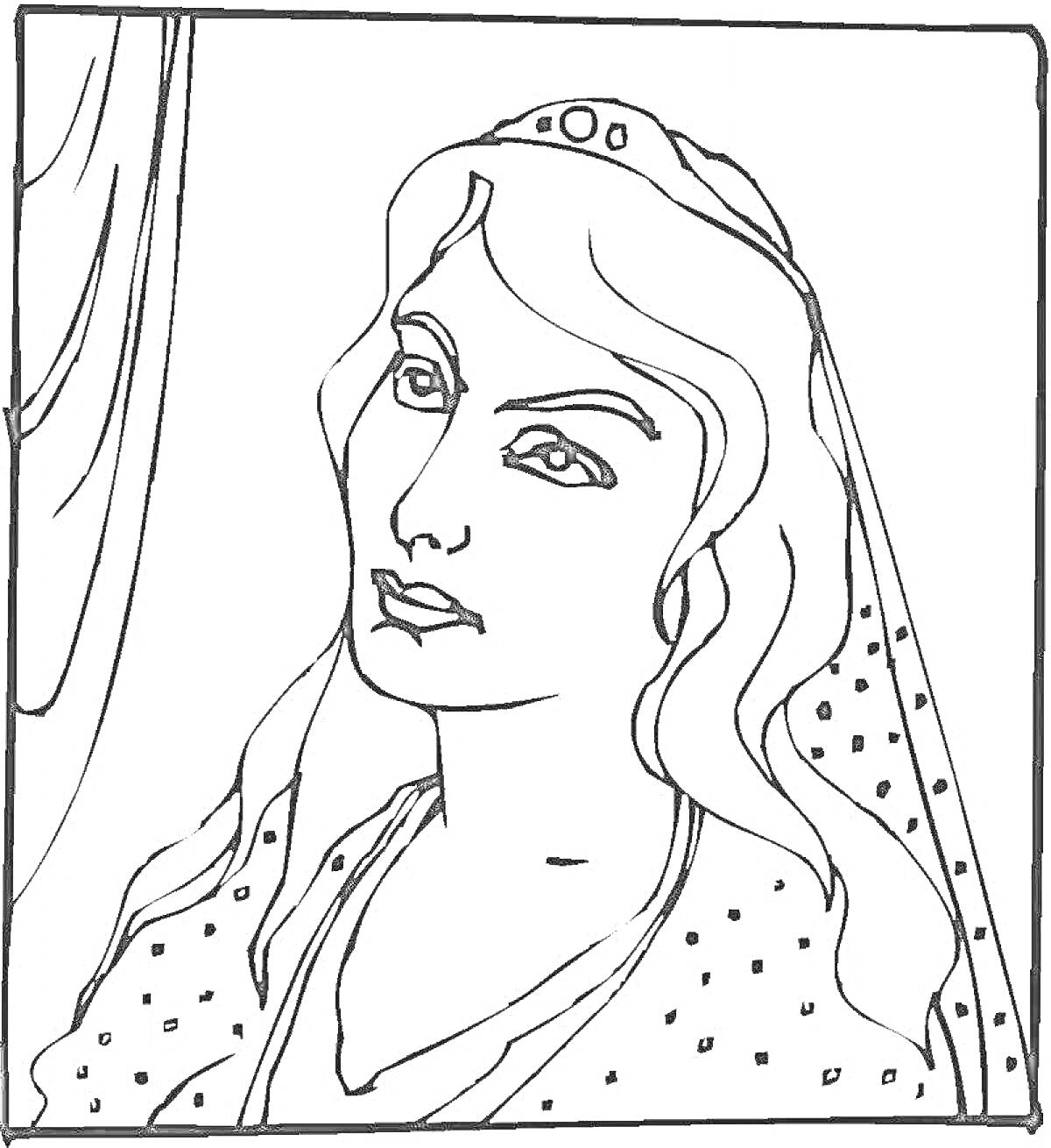 Раскраска Томирис в царской одежде под пологом, с короной на голове и длинными распущенными волосами