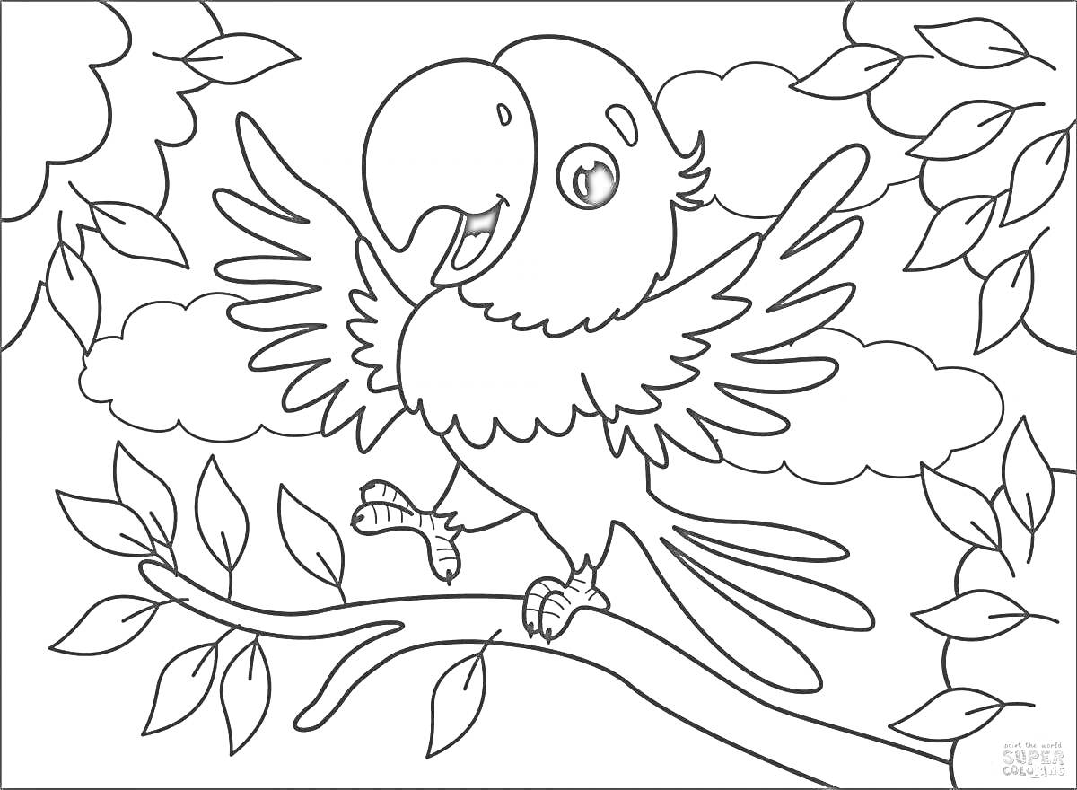 На раскраске изображено: Ветка, Листья, Облака, Птица