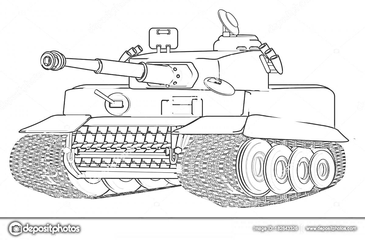Раскраска Танк Tигр 2 с вооружением, гусеницами, бортовыми броневыми пластинами и смотровыми приборами