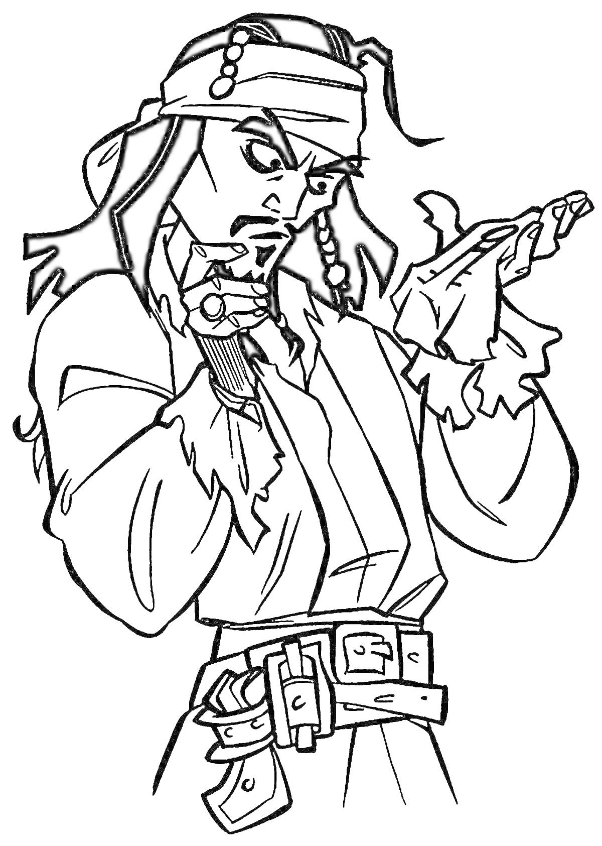 Раскраска Капитан Джек Воробей в пиратском костюме с платком, ремнями и аксессуарами