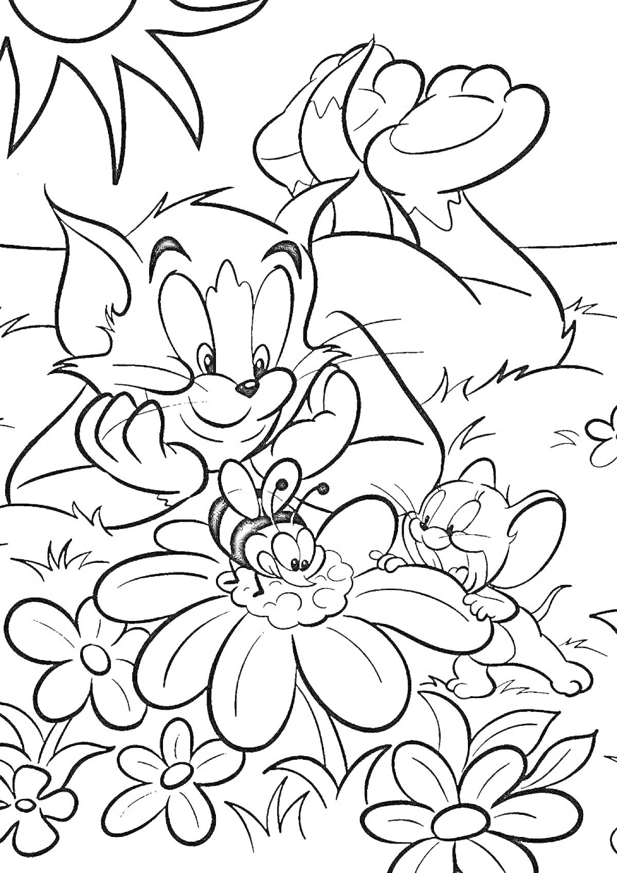 Раскраска Кот, мышонок и пчелка среди цветов