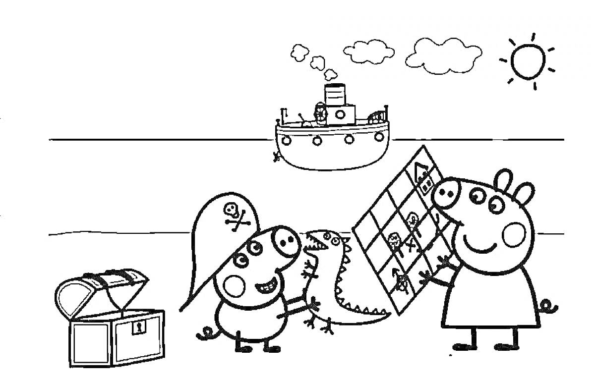 Раскраска Свинка Пеппа и Джордж ищут сокровища на берегу моря с кораблем на заднем фоне